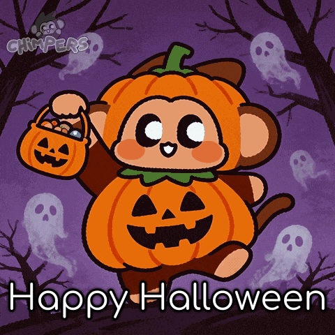 Monkey Dressed as Pumpkin Holding Trick-or-Treat Bucket