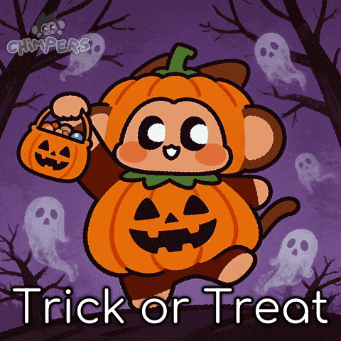 Monkey Dressed as Pumpkin Saying Trick or Treat