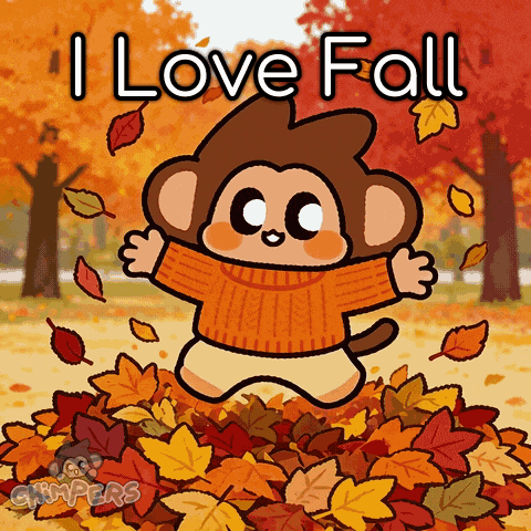 Monkey Jumping in Leaves Saying I Love Fall