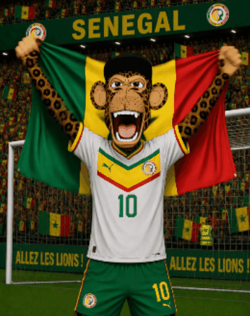 Monkey Mascot Holding Senegal Flag in Front of Senegal Banner