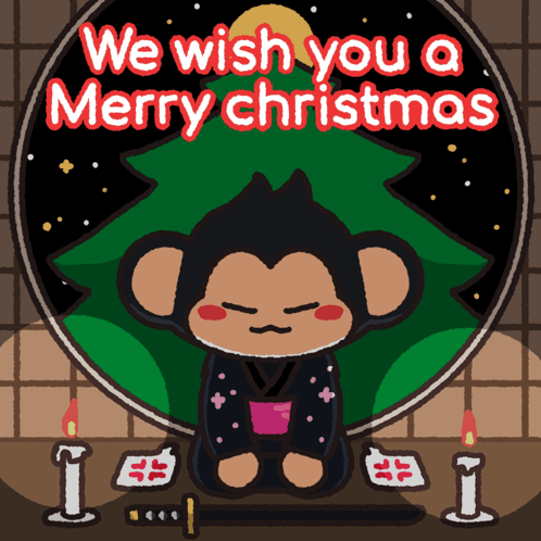 Monkey Sitting by Christmas Tree We Wish You a Merry Christmas