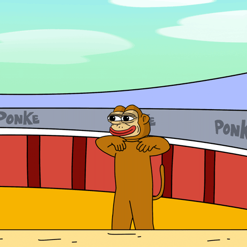 Monkey Standing in Front of Sign Saying Ponke