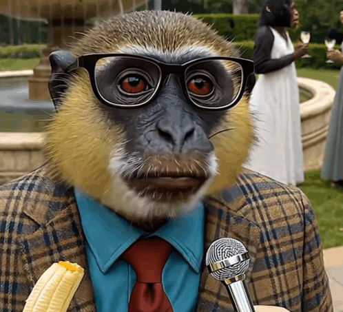 Monkey With Glasses and Tie Holding Microphone