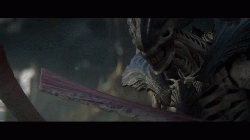 Monster Holding Red Sword in Front of Building Saying A