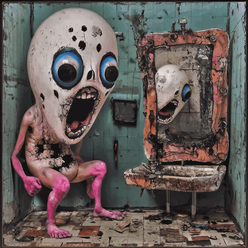 Monster Sitting in Front of Sink With Mouth Open