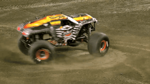 Monster Truck With Skull Driving on Dirt Road