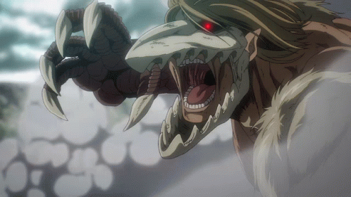 Monster With Red Eyes And Sharp Teeth Coming Out Of Fog GIF