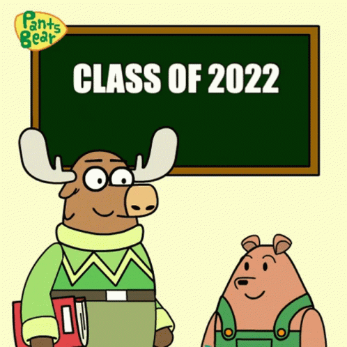 Moose and Bear in Front of Class of 2022 Blackboard