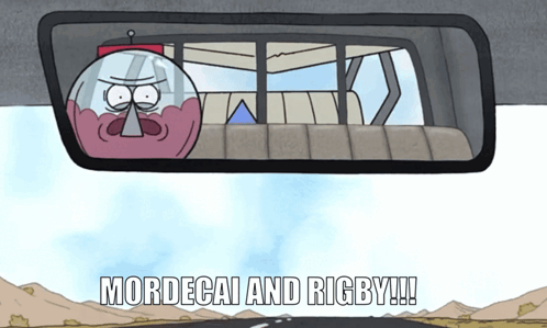 Mordecai And Rigby Are Seen In The Rear View Mirror GIF