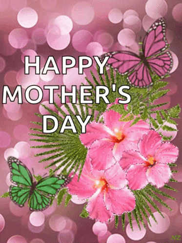 Mother's Day Card Pink Flowers Green Butterflies