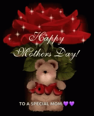 Mother's Day Card Teddy Bear Holding Heart And Rose GIF