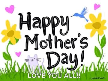 Mother's Day Card With Flowers Hearts Cat Bird
