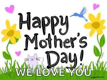 Mother's Day Card With Flowers Hearts Cat Bird