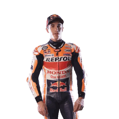 Motorcycle Racer in Repsol Jacket Pointing Up