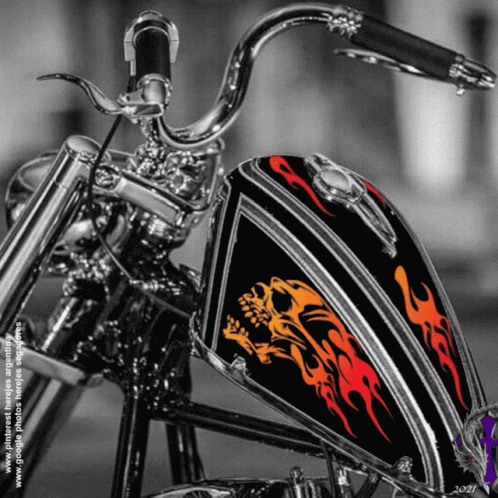 Motorcycle With Skull And Flames On Tank GIF