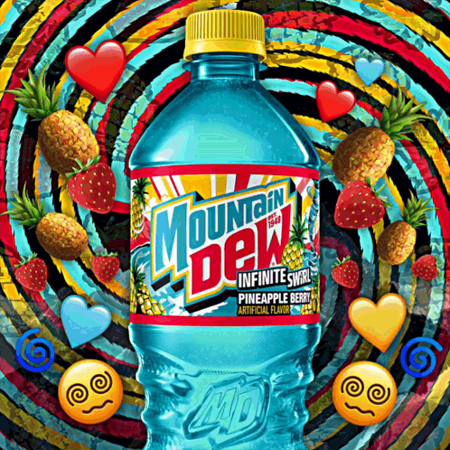 Mountain Dew Pineapple Berry Bottle Surrounded By Pineapples And Strawberries GIF