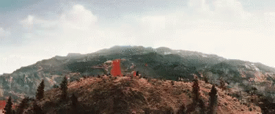 Mountain with Trees and Red Flag