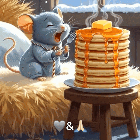 Mouse Sitting Next to Pancakes with Syrup