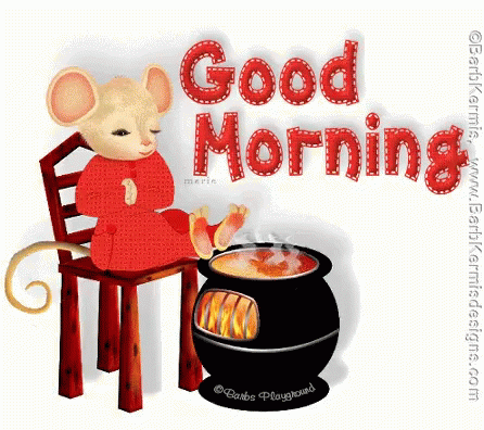 Mouse Sitting On Chair Next To Hot Chocolate Saying Good Morning GIF