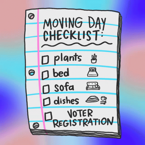 Moving Day Checklist with Plants Bed Sofa Dishes Voter Registration