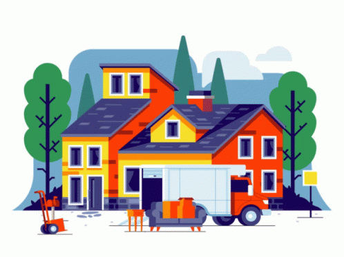 Moving Truck Parked In Front Of Red House GIF
