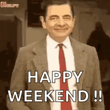 Mr. Bean In Suit And Tie Saying Happy Weekend GIF