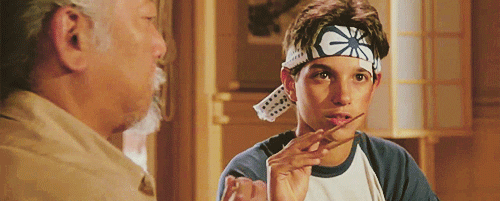 Mr Miyagi Ralph Macchio Chopsticks GIF