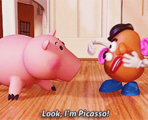 Mr Potato Head Saying Look I'm Picasso Next To A Pig GIF