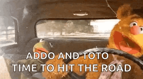 Muppets Are Driving A Car With The Words Addo And Toto Time To Hit The Road Written On The Screen . GIF