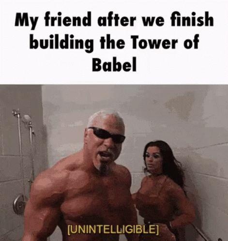 Muscular Man and Woman Building Babel Tower