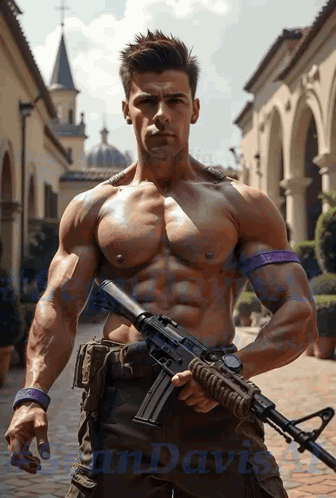 Muscular Man Holding Gun At Davis Building GIF