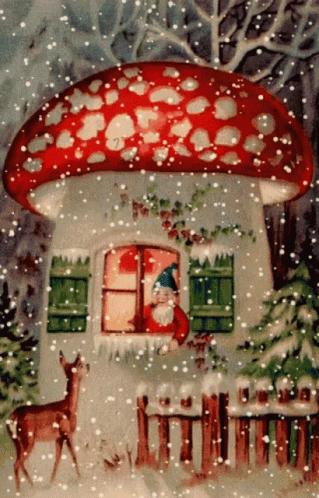 Mushroom House With Santa Claus and Deer in Snow
