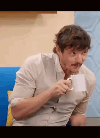 Mustache Guy Spit Water Back To Mug GIF