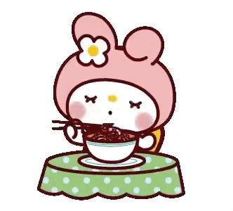 My Melody Is Sitting At A Table Eating Noodles With Chopsticks From A Cup . GIF