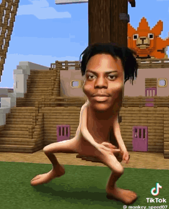 Naked Man Dancing in Front of Minecraft Building