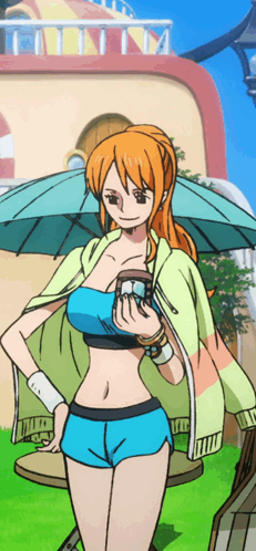 Nami From One Piece Holding Umbrella in Front of Building