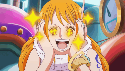 Nami from One Piece Smiling with Glowing Eyes