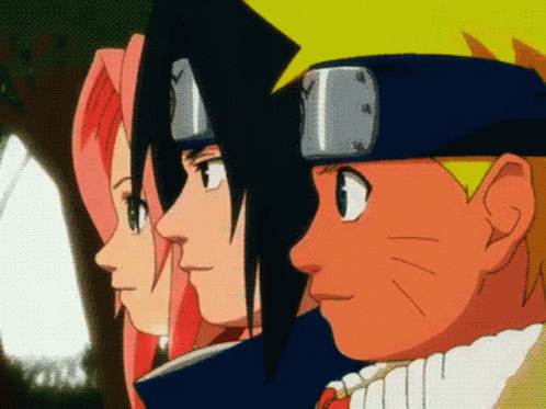 Naruto Sasuke And Sakura Are Standing Next To Each Other And Looking At Something GIF