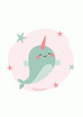 Narwhal With Pink Horn Surrounded By Sea Stars GIF