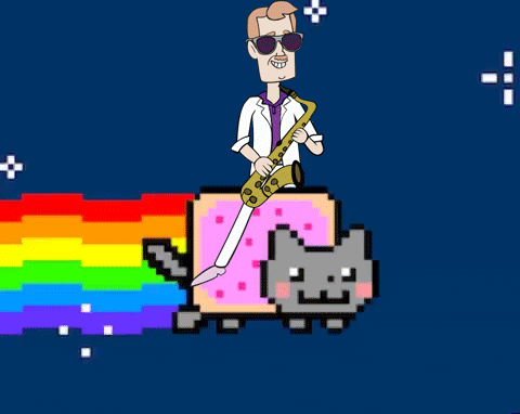 Neon Cat Carrying Man With Saxophone GIF