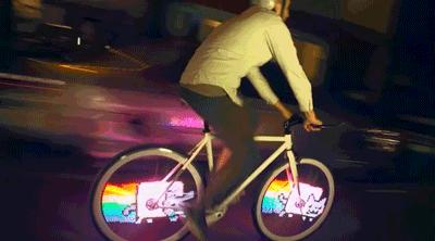 Neon Cat On Bicycle Wheels GIF