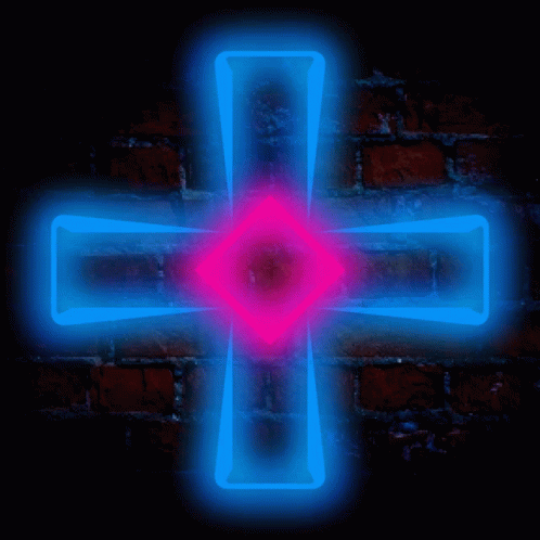 Neon Cross With Red Center on Dark Brick Wall