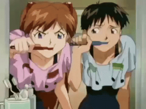 Neon Genesis Evangelion Shinji And Asuka Brushing Teeth GIF
