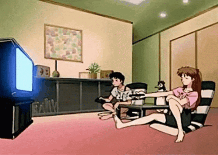 Neon Genesis Evangelion Shinji Asuka Watching TV GIF