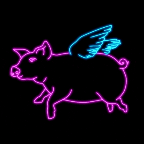 Neon Outlined Pig Flies Flapping Blue Wings GIF