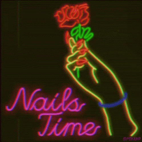 Neon Sign Hand Holding Rose Nails Time