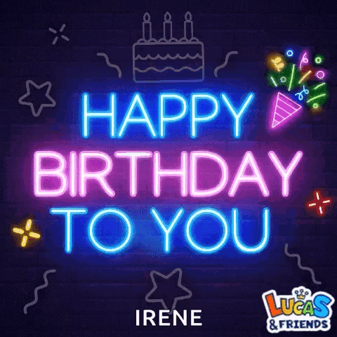Neon Sign Saying Happy Birthday With Cake and Fireworks
