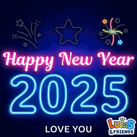 Neon Sign Saying Happy New Year 2025 With Fireworks GIF