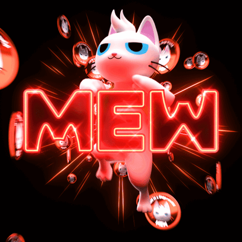 Neon Sign Saying Mew With Cat Behind It
