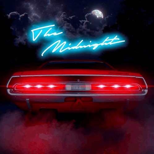 Neon Sign Saying The Midnight With Red Car GIF